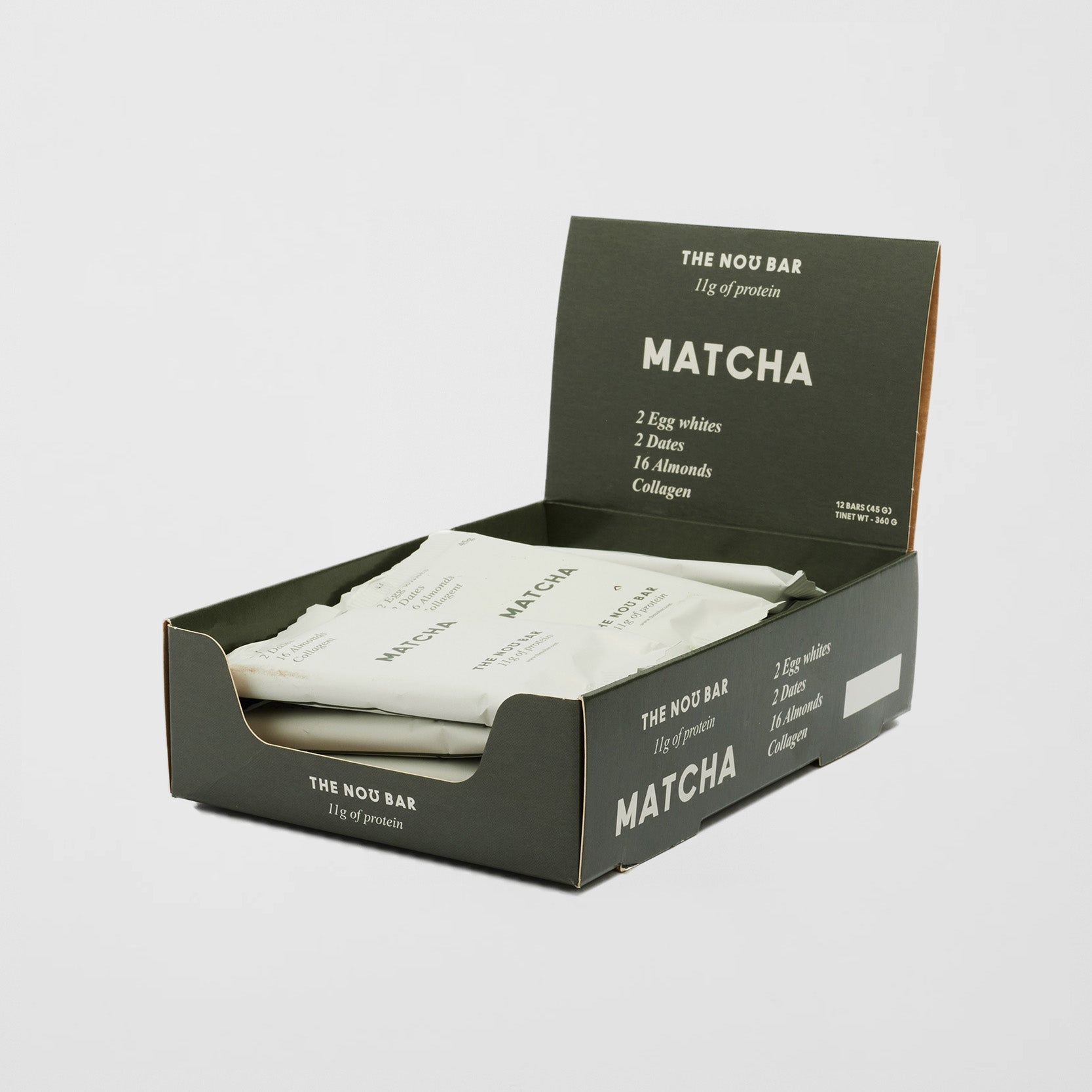 Matcha The no bar packaging with white bars inside on a light gray background